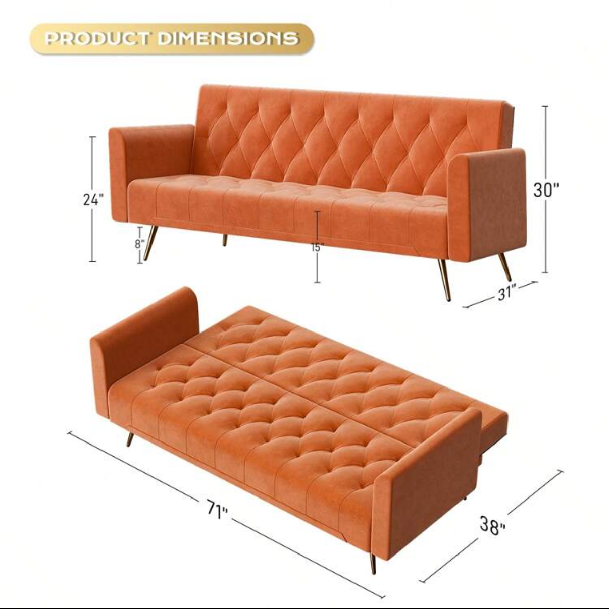 Orange Velvet Futon Sofa Loveseat Adjustable