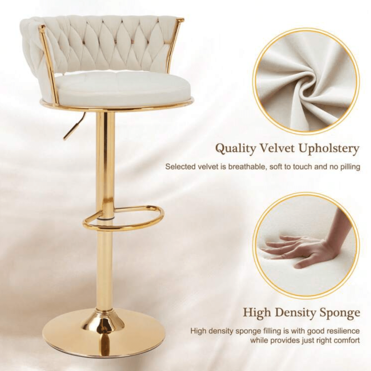 beige velvet bar stool gold base