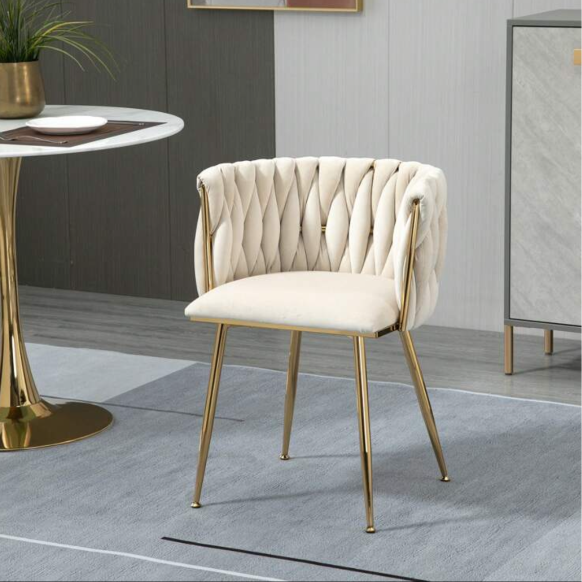 beige velvet chair with gold legs