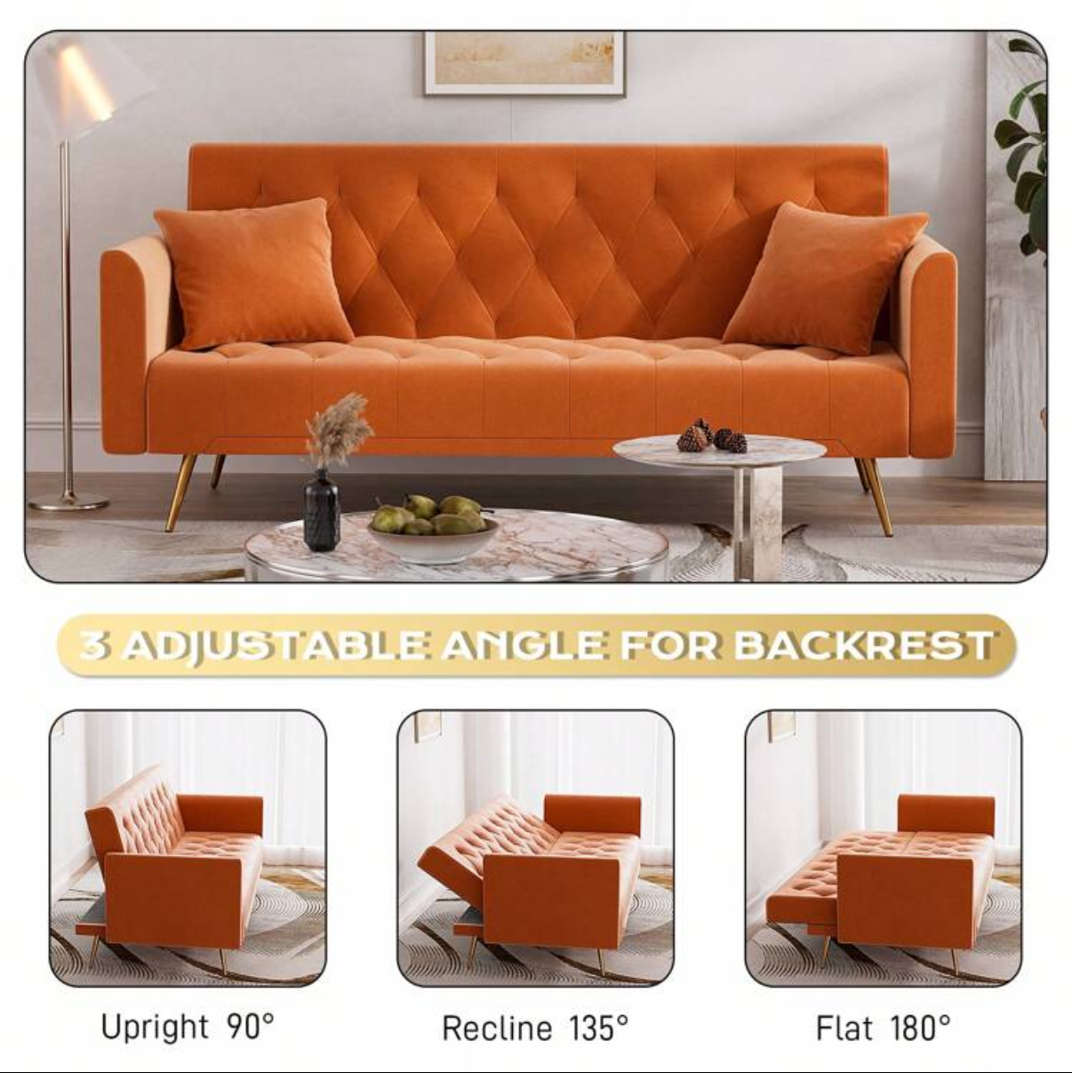 orange futon couch velvet