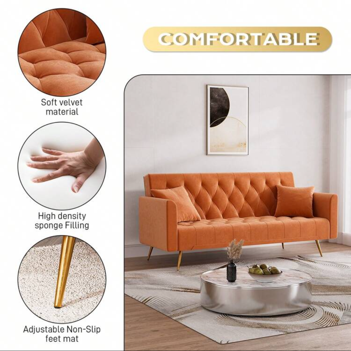 orange futon couch velvet loveseat