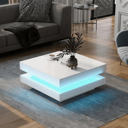two tier white coffee table with led light square shape living room table