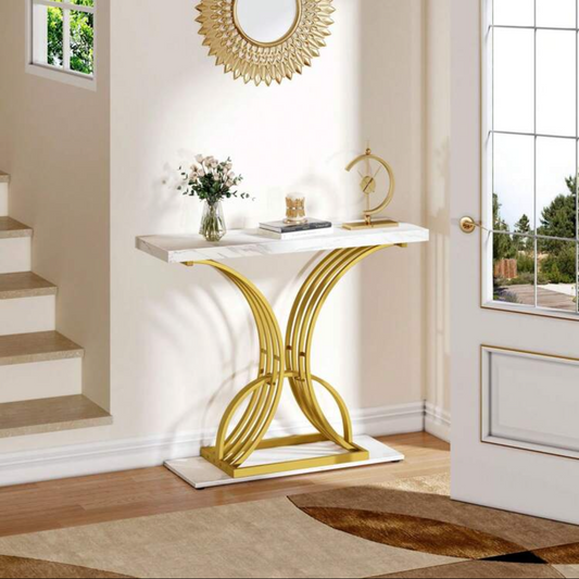 white entry room table gold accents