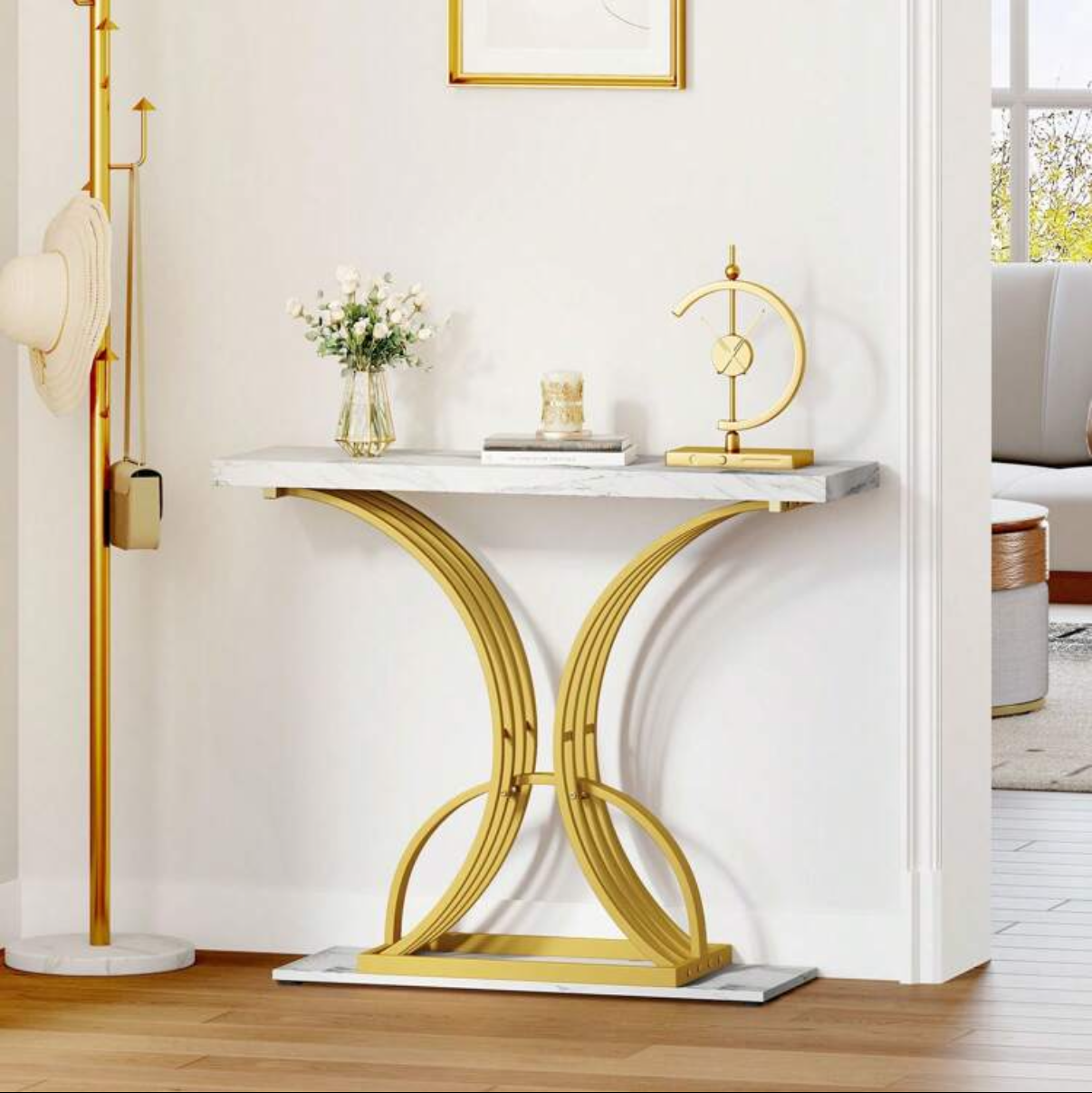 white hallway table gold accents