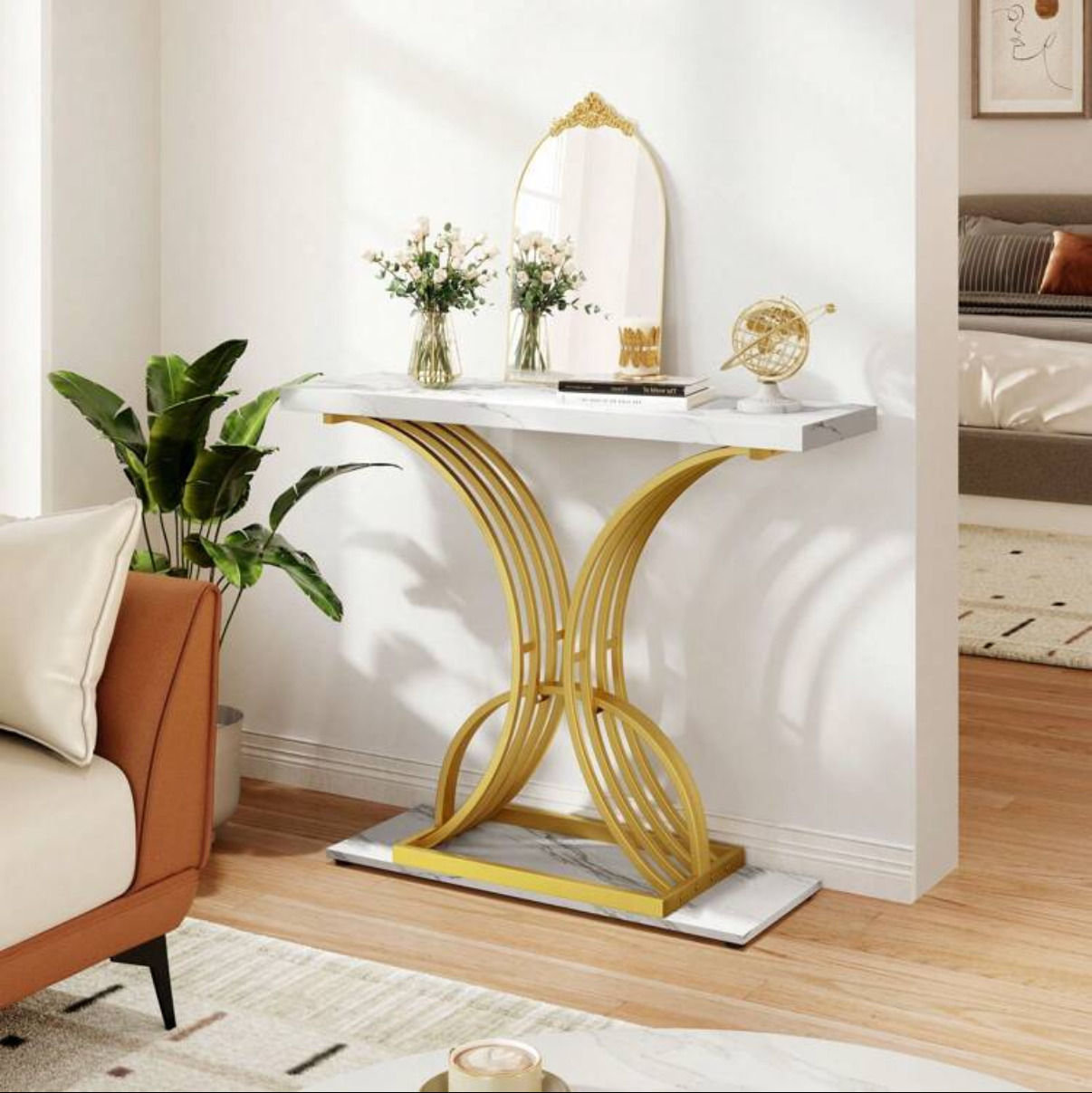 white living room table gold accents